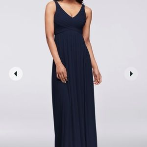 David’s Bridal Bridesmaid Dress F15933- Long Mesh Dress with Cowl Back- Marine